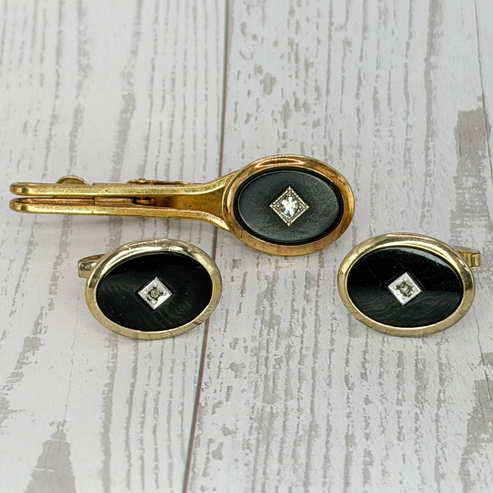 Vintage Foster Gold Tone Black Onyx Rhinestone Tie Clip and Cufflinks Set Mens